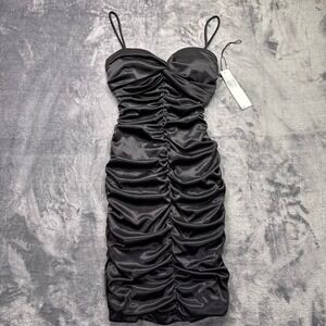 Jump Girl Black Ruched Bodycon Dress Women's Size 1/2 Satin Mini NWT Party Club